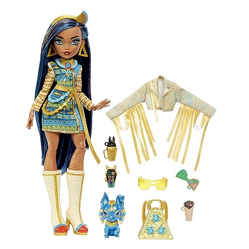 Monster High Cleo de Nile Puppe, Mummie Modepuppe, Königliches Outfit, Killerstiefel, Pyramidenrucksack, Zubehör, für Kinder ab 4 Jahren, HHK54 Monster High Cleo de Nile Puppe, Mummie Modepuppe, Königliches Outfit, Killerstiefel, Pyramidenrucksack, Zubehör, für Kinder ab 4 Jahren, HHK54 von Monster High