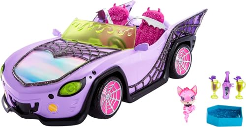 Monster High Ghoul Mobile - Lilafarbenes Cabrio mit schillernden Spinnennetzen, plüschigem Innenraum und Eiskühler in Sargform, Platz für 4 Puppen, Puppen Nicht enthalten, HHK63 von Monster High