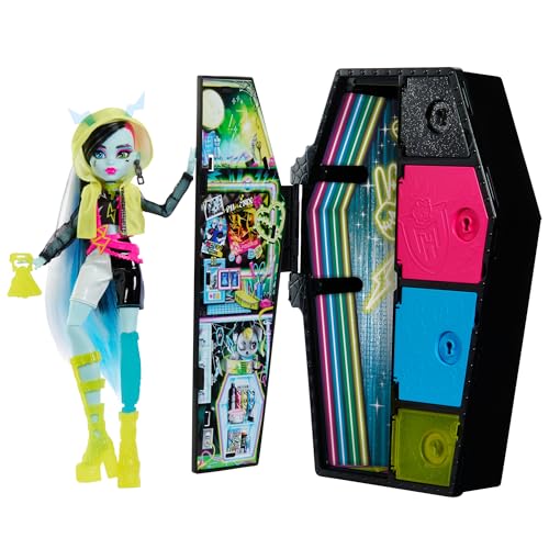 MONSTER HIGH Skulltimate Secrets Frankie-Stein-Puppe - Neon Frights Modeüberraschungen, leuchtende Accessoires, Color-Reveal-Schlüssel, für Kinder ab 6 Jahren, HNF79 von Monster High