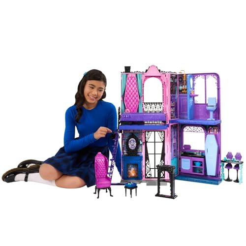 Monster High Buh-tique Hotel Puppenhaus, zusammenklappbares Spielset mit unheimlichen Überraschungen in jedem Raum und mehr als 13 Spielteilen, darunter Möbel und Zubehörteile, JBF16 von Monster High