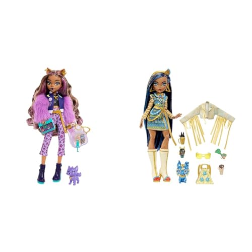 Monster High Clawdeen Wolf-Puppe mit Hund Crescent und Accessoires wie Rucksack & Cleo de Nile Puppe - Königliches Outfit, Killerstiefel, Pyramidenrucksack, Zubehör, für Kinder ab 6 Jahren, HHK54 von Monster High