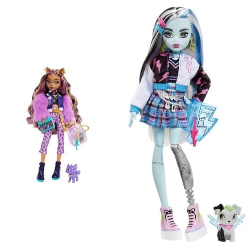 Monster High Clawdeen Wolf-Puppe mit Hund Crescent und Accessoires wie Rucksack & Frankie Puppe - Elektrisierende Mode, Voltageous College-Jacke von Monster High