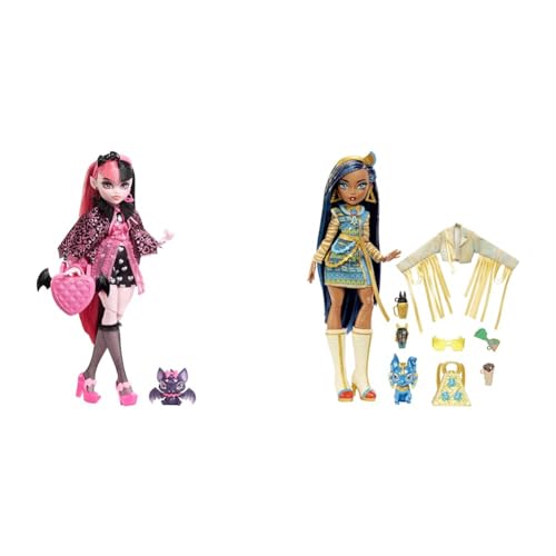 Monster High Cleo de Nile Puppe - Königliches Outfit & Draculaura Puppe - Vamp-tastische Mode, Umhang, Accessoires, Haustierfledermaus, für Kinder ab 6 Jahren, HHK51 von Monster High