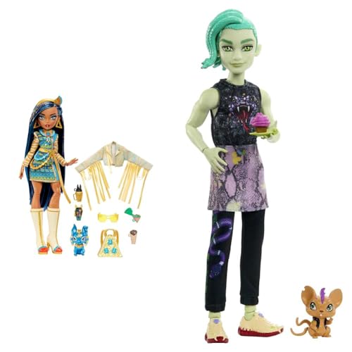 Monster High Cleo de Nile Puppe - Königliches Outfit & HHK56 - bewegliche Deuce Gorgon Puppe von Monster High