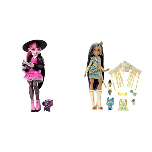 Monster High Draculaura-Puppe mit ihrem Haustier & Cleo de Nile Puppe - Königliches Outfit, Killerstiefel, Pyramidenrucksack, Zubehör, für Kinder ab 6 Jahren, HHK54 von Monster High