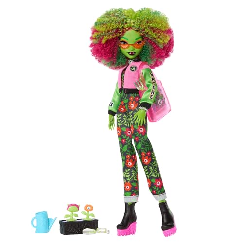 Monster High Fearbook Venus McFlytrap-Puppe und Zubehör zum Thema Unter-der-Erde-Club, einschließlich Collegejacke, Jahrbuch und Gartenwerkzeug, JDR59 von Monster High