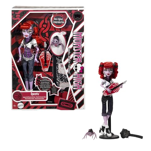 Monster High Gruselige Reproduktion der ursprünglichen Monster-High-Puppe, reproduzierte Operetta-Sammelfigur mit Puppenständer, Tagebuch und Haustier-Spinne Memphis Weberknecht, HYV90 von Monster High