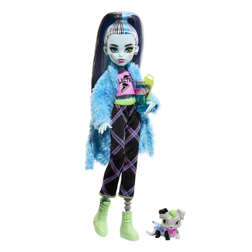 MONSTER HIGH Puppe und Sleepover-Zubehör, Frankie Stein Puppe mit Haustier Hund Watzie, Creepover Party, HKY68 von MONSTER HIGH