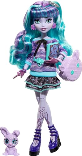 MONSTER HIGH Puppe und Sleepover Zubehör, Twyla Puppe mit Pet Bunny Dustin, Creepover Party, HLP87 von MONSTER HIGH