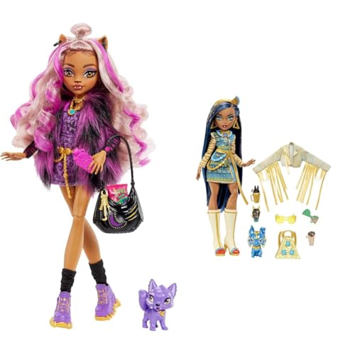Monster High Mattel Clawdeen - Puppe mit Animal-Print-Pullover und schaurig-schönem Longsleeve-Top & Cleo de Nile Puppe - Königliches Outfit, Killerstiefel von Monster High