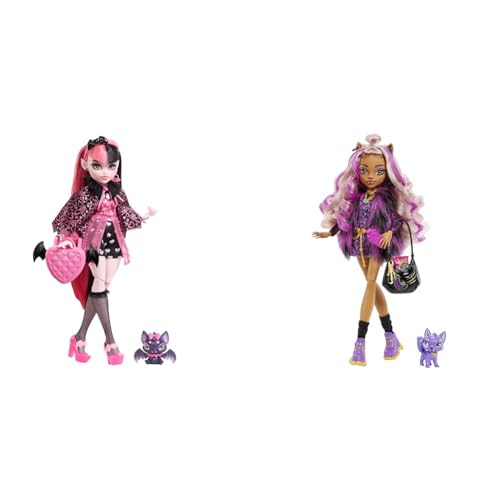 Monster High Mattel Clawdeen - Puppe mit Animal-Print-Pullover und schaurig-schönem Longsleeve-Top & Draculaura Puppe - Vamp-tastische Mode von Monster High