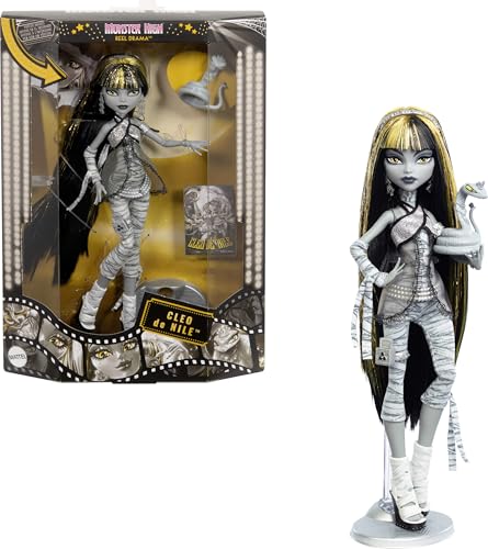 Monster High Reel Drama Puppe, Cleo De Nile Schwarz-weiß-Reproduktion, Sammelfigur mit Postern in Puppengröße und Lebensgröße, Horrorfilm-Design, mit Haustier, JDR65 von Monster High