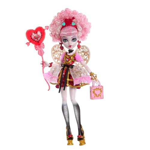Monster High Scary Sweet Birthday-Puppe, Cupid Asteria im rosa und roten Partykleid mit themenbezogenem Zubehör wie Einladung, Luftballon, Geschenk und mehr, JBG77 von Monster High