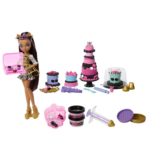 Monster High Scary Sweet Birthday Tortenset mit Clawdeen Wolf-Puppe, Spielset zum Tortendekorieren mit über 20 Zubehörteilen wie schaurigem Zuckerguss, Pipette und mehr, JBG78 von Monster High