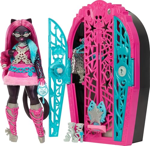 Monster High Skulltimate-Secrets-Set aus Puppe und Accessoires, Hauntlywood Mysteries Catty Noir mit zauberhaftem Kleiderschrank und über 19 modischen Überraschungen wie Puppenkleidung, JBG82 von Monster High