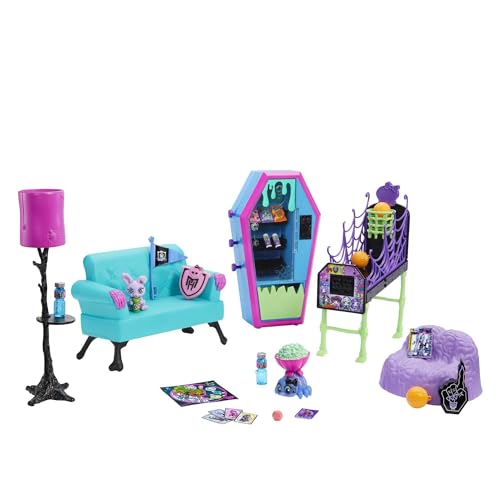 Monster High Studenten-Lounge-Spielset - Möbel und Zubehörteile für schaurig schöne Geschichten, inklusive funktionierendem Verkaufsautomaten und Casketball-Spiel, für Kinder ab 4 Jahren, HRP57 von Monster High