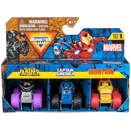 Monster Jam, Marvel Mini Monster Truck 3er Pack Black Panther Captain America Iron Man Die-Cast Monster Trucks 1:87 Scale Kids Toys for Boys Ages 3 and Up von Monster Jam