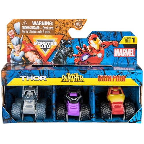 Monster Jam, Marvel Mini Monster Truck 3er Pack Thor Black Panther Iron Man Die-Cast Monster Trucks 1:87 Scale Kids Toys for Boys Ages 3 and Up von Monster Jam