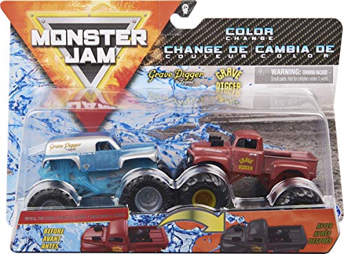 Monster Jam 6058835 Official Colour-Changing Die-Cast Scale Jam Offizieller Grabbagger vs. Grave Digger (1982 Retro) Farbwechsel Druckguss Monster Trucks, Maßstab 1:64 von Monster Jam