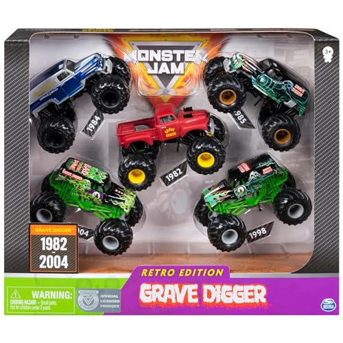 Monster Jam Grave Digger Monster Truck 5-teiliges Vorteilspack: 1:64 Retro Die-Cast Geschenkset mit ikonischen Modellen (1982-2005) Chromfelgen und BKT-Reifen - Authentisches Sammlerstück für Fans & von Monster Jam