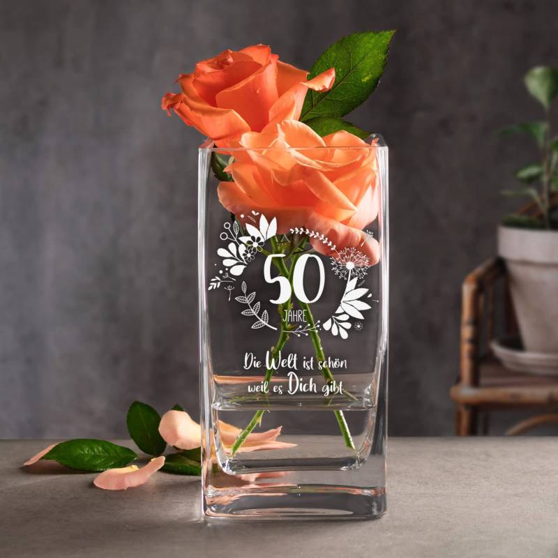Eckige Vase mit Gravur - 50. Geburtstag von Monsterzeug