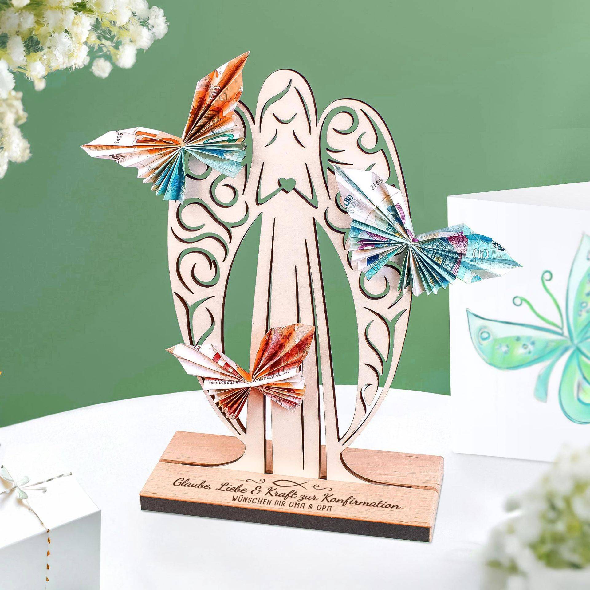 Großer Geldengel aus Holz mit Gravur zur Konfirmation Großer Geldengel aus Holz mit Gravur zur Konfirmation von Monsterzeug