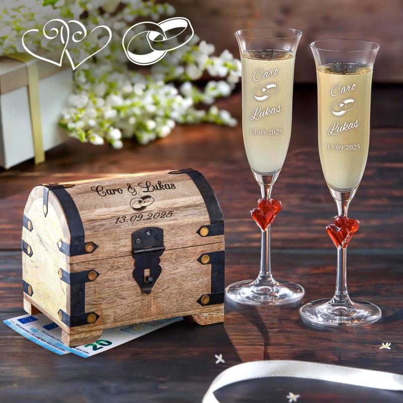 Hochzeitsset - Herzen Sektgläser und Schatztruhe zur Hochzeit von Monsterzeug