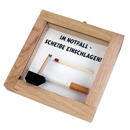 Monsterzeug Notfallset Zigarette und Streichholz in Holzrahmen, Im Notfall Scheibe Einschlagen, Scherzartikel für Erwachsene, Spaßgeschenk für Raucher von Monsterzeug