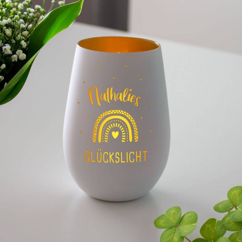 Weißes Windlicht mit Gravur - Glückslicht von Monsterzeug