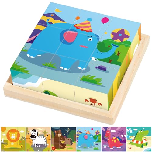 Bilderwürfel Holz, 3D Würfelpuzzle Puzzle Spiele 6 in 1 Tier-Motive Holzpuzzle für Kinder ab 1 2 3 4 Jahre, Kreativ Lernspielzeug für Kinder,Montessori Lernspielzeug Geschenk für Jungen und Mädchen von Montejoy