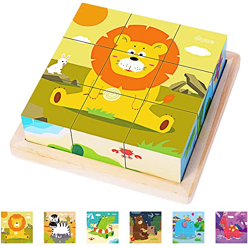 Bilderwürfel Holz, 3D Würfelpuzzle Puzzle Spiele 6 in 1 Tier-Motive Holzpuzzle für Kinder ab 1 2 3 4 Jahre, Kreativ Lernspielzeug für Kinder,Montessori Lernspielzeug Geschenk für Jungen und Mädchen von Montejoy