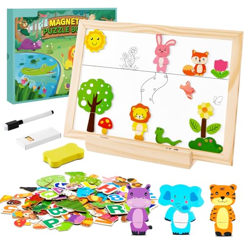 Montejoy Magnettafel Holzpuzzle ab 3 Jahre mit Doppelseitiger Tafel Holzspielzeug Magnetspiel Spielzeug Puzzle ab 2 3 4 5 Jahre Mädchen Junge Magnete Kinder Geschenke von Montejoy