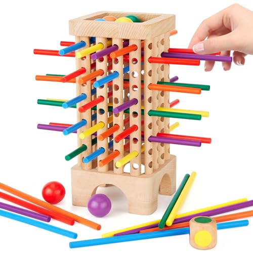 Montessori Spiel Brettspiel aus Holz, 42 Bunte Holzstäbchen Ballfall Spiel Würfelspiel Mathe & Feinmotorik Spielzeug, Brettspiel Familie ab 3 4 5 6 Jahre Lernspielzeug Reisespiel für Kinder von Montejoy