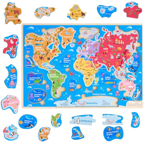 Montessori Mama Weltkarte Holzpuzzle, Kontinente und Ozeane Puzzles für Kinder im Alter von 4-6 Jahren, perfektes Lernspielzeug für 4 Jahre alt, einschließlich globaler Sehenswürdigkeiten, Tiere und Montessori Mama Weltkarte Holzpuzzle, Kontinente und Ozeane Puzzles für Kinder im Alter von 4-6 Jahren, perfektes Lernspielzeug für 4 Jahre alt, einschließlich globaler Sehenswürdigkeiten, Tiere und von Montessori Mama