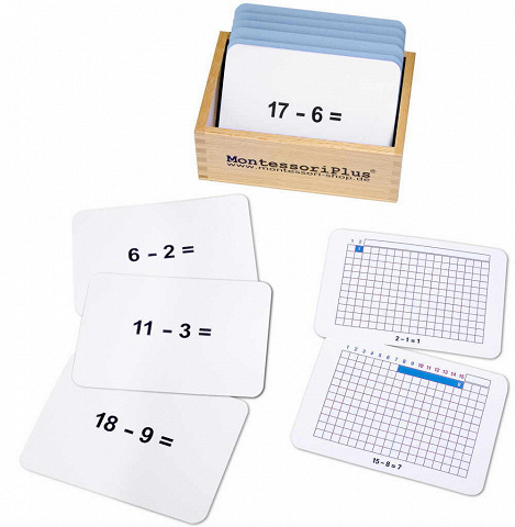 Arbeitskartei zum Streifenbrett zur Subtraktion,117 Montessori-Aufgabenkarten zum Zehnerübergang bei der Subtraktion von Montessori-Shop
