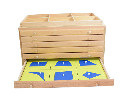 Geometrische Kommode komplett mit Einführungsrahmen, ideales Montessori-Material zum Kennenlernen geometrischer Figuren von Montessori-Shop