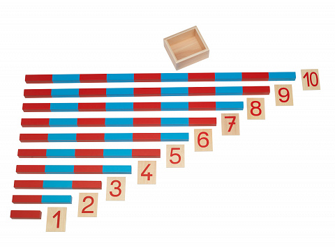 Numerische Stangen, lange, große blau-rote Stangen zum Verständnis von Wert und Länge inkl. praktischer Zahlentäfelchen von Montessori-Shop