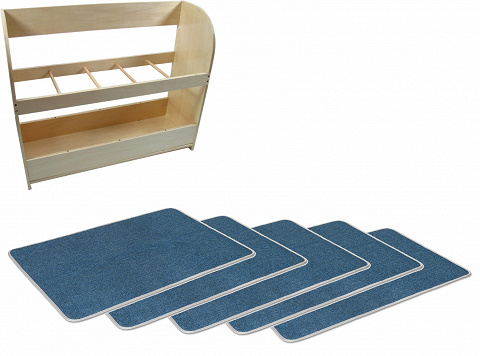 Sparset 5 blaue Arbeitsteppiche mit Teppichständer zum Arbeiten mit Montessori-Material am Boden von Montessori-Shop