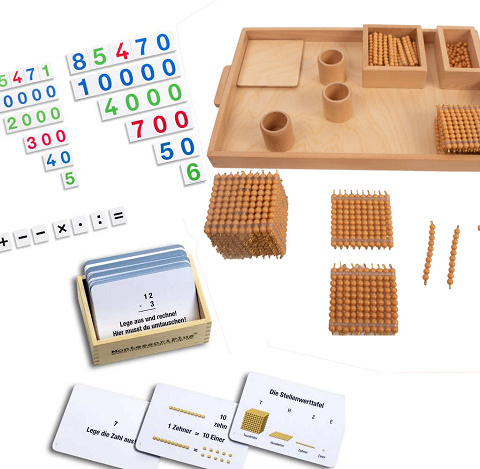 Sparset Goldenes Perlenmaterial mit 100 Aufgabenkartei und Zahlenkarten, natürlich mit Montessori-Selbstkontrolle von Montessori-Shop