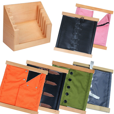 Sparset Montessori-Rahmen die 6 wichtigsten Verschlüsse: Schleifen, Knöpfe, Reißverschluss, Schnürsenkel, Gürtel und Druckknöpfe von Montessori-Shop