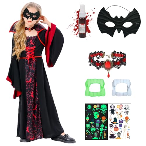 Vampir Kostüm Mädchen, Größe S, Halloween Kostüm Kinder Vampir, Kinderkostüm Vampirin Kleid mit Mask Halskette Vampirgebiss, vampirkostüm für Fasching Karneval Mottoparty Cosplay Party von Montrestar