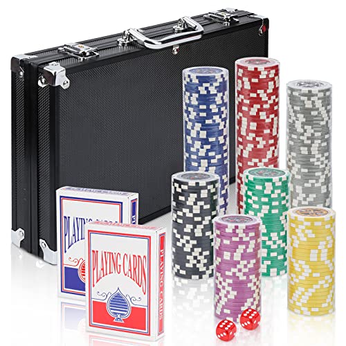 Monucep Pokerkoffer Pokerset 300 Chips Laser Pokerchips 12 Gramm Metallkern, inkl. 2X Pokerdecks, 5X Würfel, Dealer Button, Perfektes Pokerspiel für Profis und Anfänger, Black von Monucep