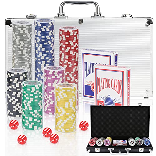 Monucep Pokerkoffer Pokerset 300 Chips Laser Pokerchips 12 Gramm Metallkern, inkl. 2X Pokerdecks, 5X Würfel, Dealer Button, Perfektes Pokerspiel für Profis und Anfänger, Silver von Monucep