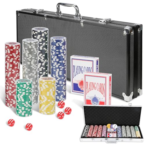 Monucep Pokerkoffer Pokerset 500 Chips Laser Pokerchips 12 Gramm Metallkern, inkl. 2X Pokerdecks, 5X Würfel, Dealer Button, Big Blind, Little Blind, Pokerspiel für Profis und Anfänger, Black von Monucep