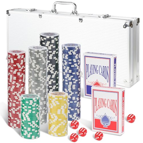 Monucep Pokerkoffer Pokerset 500 Chips Laser Pokerchips 12 Gramm Metallkern, inkl. 2X Pokerdecks, 5X Würfel, Dealer Button, Big Blind, Little Blind, Pokerspiel für Profis und Anfänger, Silver von Monucep