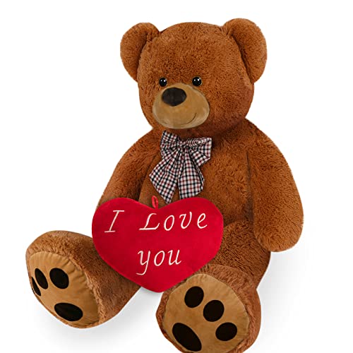 Monzana® Teddybär mit Herzkissen XL 100cm Braun Weich Dichtes Fell Schleife Tatzen Ich Liebe Dich Geschenk Valentinstag Plüschbär Kuscheltier Bär von Monzana