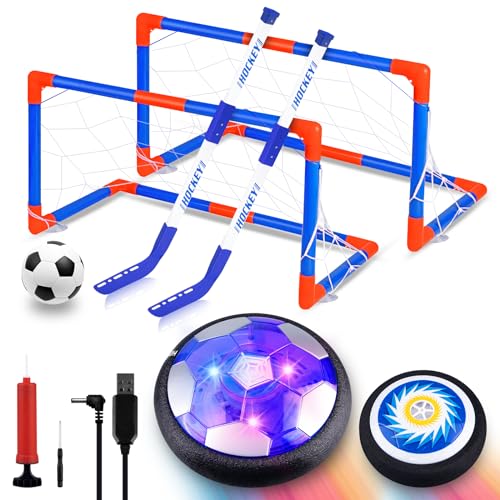Moocuca Hover Ball Hockey Set Kinder, Wiederaufladbar Air Power Fußball mit Led Licht, 3-in-1 Hockey Set mit 2 Tore für Jungen Mädchen, Aufblasbarer Fußball für Indoor Outdoor Moocuca Hover Ball Hockey Set Kinder, Wiederaufladbar Air Power Fußball mit Led Licht, 3-in-1 Hockey Set mit 2 Tore für Jungen Mädchen, Aufblasbarer Fußball für Indoor Outdoor von Moocuca