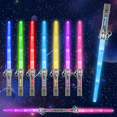 Moocuca Lichtschwert Kinder, Laserschwert Star Wars, RGB 7 Farben Led Lightsaber mit Licht und Sound, Cosplay Spielzeug Einziehbares Laserschwert Kinder, Glühendes Light Saber von Moocuca
