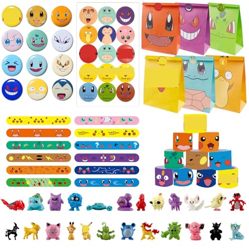 Moocuca 60 Stück Party-Mitgebsel für Kinder – Inkl. 24 Mini-Figuren, 12 Geschenktüten, 12 Armbänder & 12 Abzeichen – bunte Geburtstagsgeschenke & Spielzeug von Moocuca