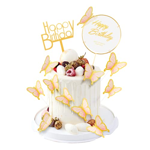 Moocuca Schmetterlinge Kuchen Deko, 22 Stück Torten Deko Geburtstag, Happy Birthday Tortendeko, Dreidimensional Schmetterling Cupcake Topper, Tortendeko Geburtstag (Rosa) von Moocuca